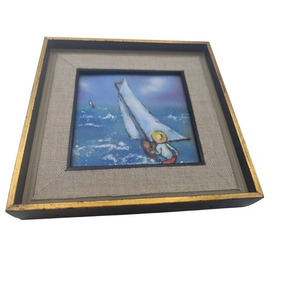 Vintage Framed Nautical Sailboat Painting on Tile by Ann Berthia - Picture 3 of 8